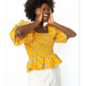 Tanya Taylor Yellow Floral Smocked Peplum Top M Puff Long Sleeves Square Neck